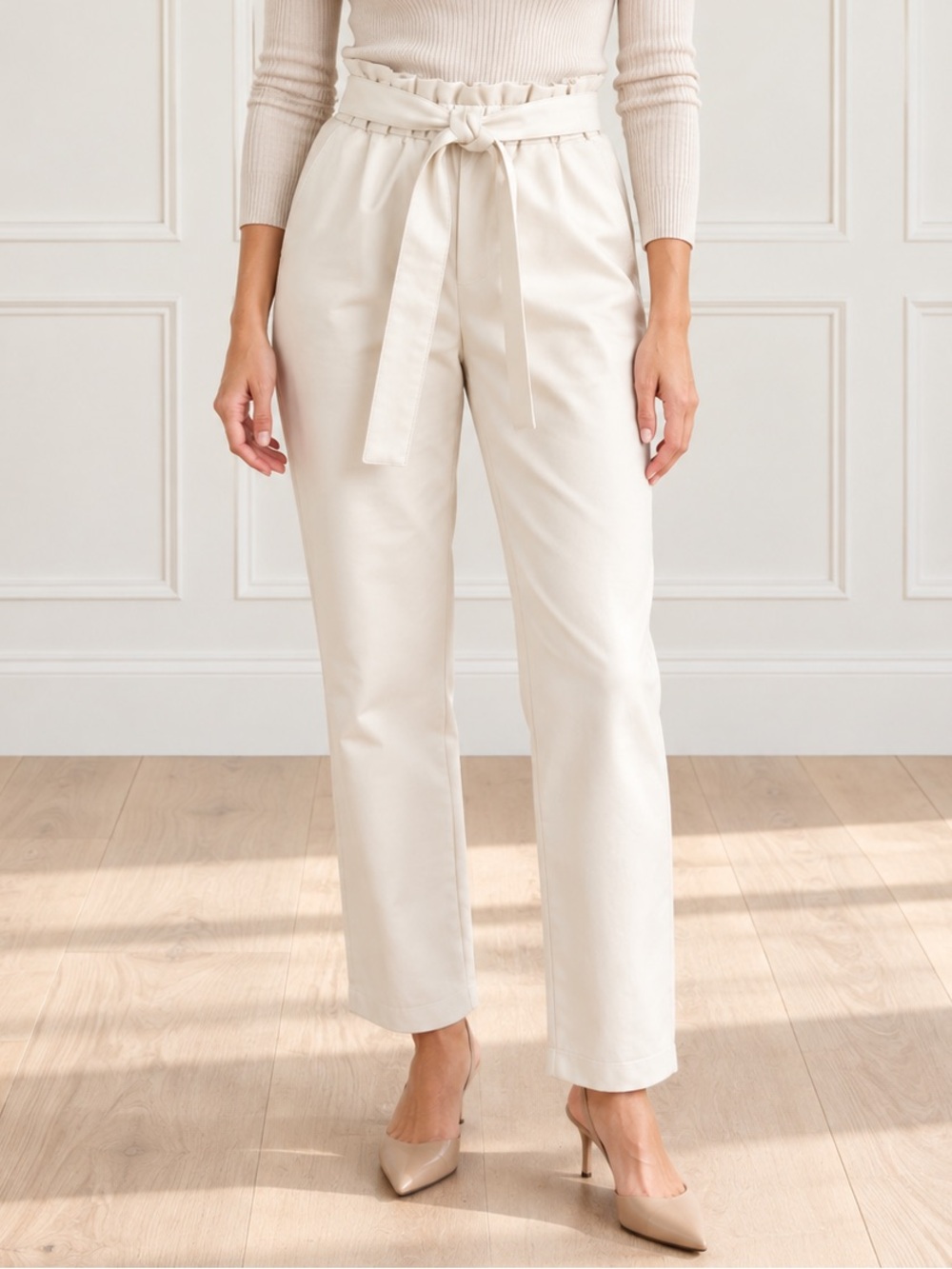 NWT Bagatelle Faux Leather Pants S Cream Paperbag Tie Waist Straight Leg Ivory
